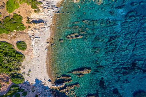Aerial Photo Over Granite Rocky Coastline Mediterranean Crystal Clear