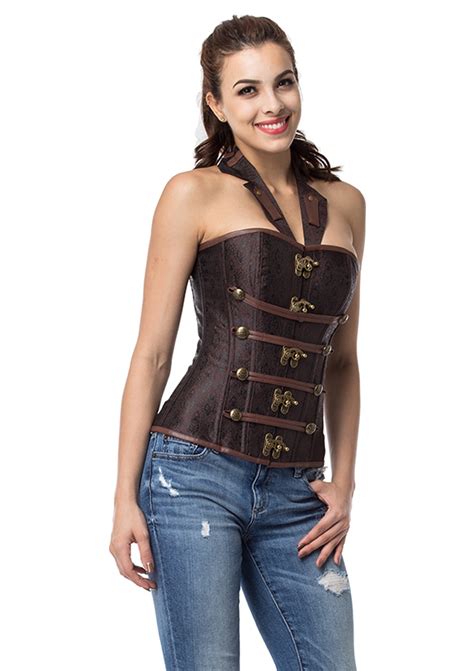 brown leather corset collar zipper steampunk corset trainer overbust