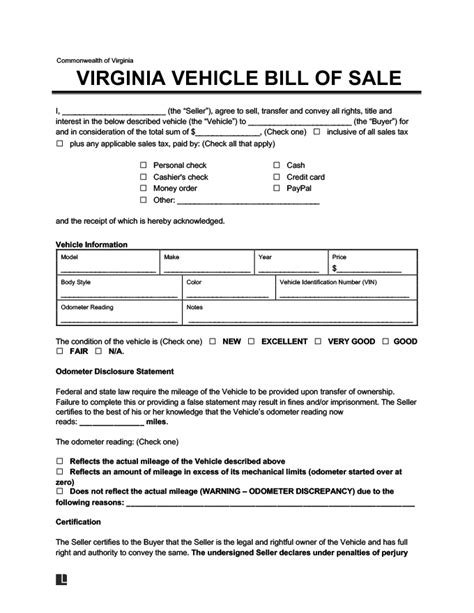 virginia bill  sale forms  word