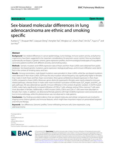 Pdf Sex Biased Molecular Differences In Lung Adenocarcinoma Are