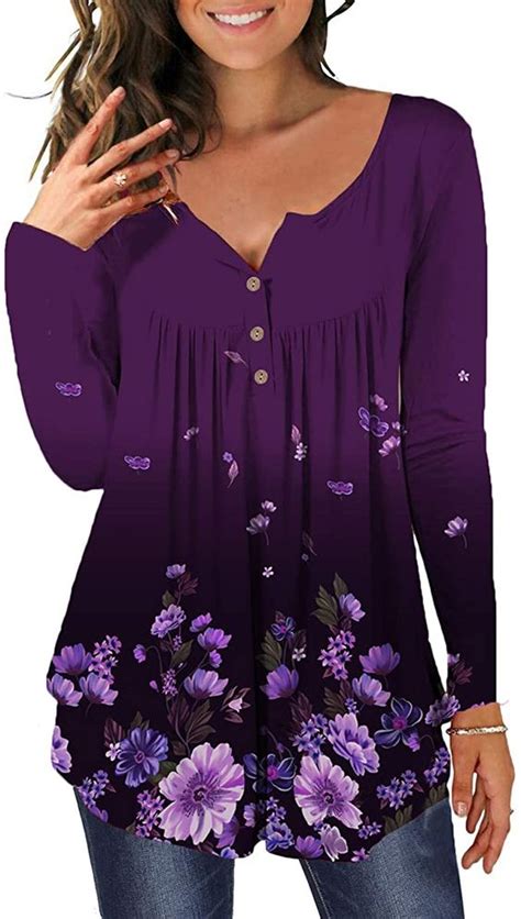 mayamang womens floral tunic tops long sleeve henley  neck buttons  casual blouse shirt