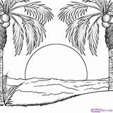 Drawing Beach Sunset Coloring Drawings Draw Pages Outline Palm Tree Landscape Dragoart Pencil sketch template