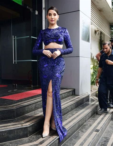 Nora Fatehi Slays In Hot Metallic Blue Gown With Sexy Cut Out On Waist