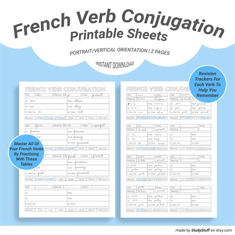 french language verb conjugation practice worksheets printable la conjugaison des verbes