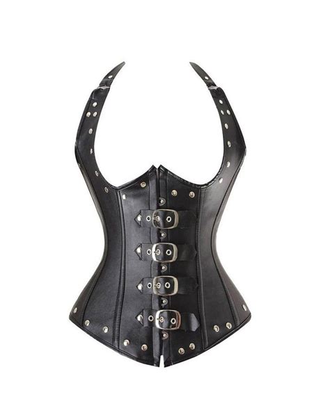 black leather halter neck gothic steampunk waist training long