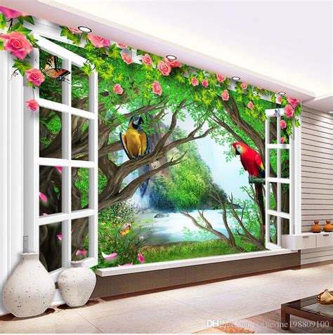 High Quality Customize Size Modern Forest Waterfall Parrot