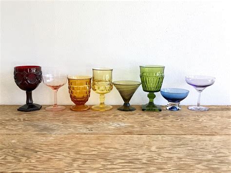 Rainbow Glass Goblet Set Of 8 Vintage Colored Glass Party Etsy