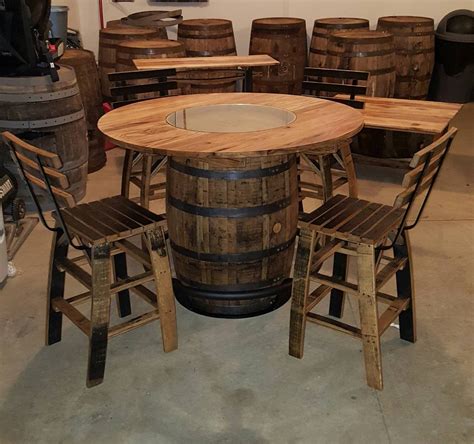 whiskey barrel table with footrest 48 burnt hickory top etsy