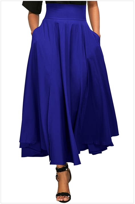 spring women long skirts high waist pleated maxi skirts solid ankle