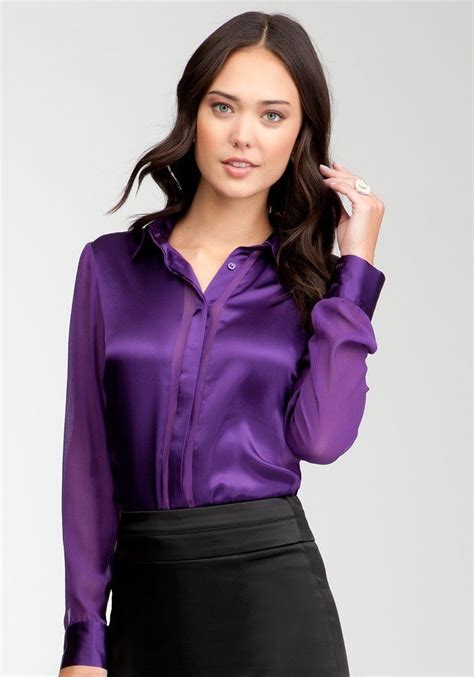 cute ladies with even more cute purple satin button up blouse ladies in satin blouses