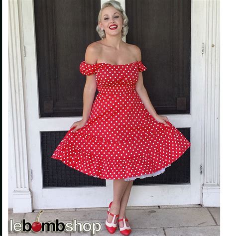 50s style red and white polka dots pinup peasant top on off