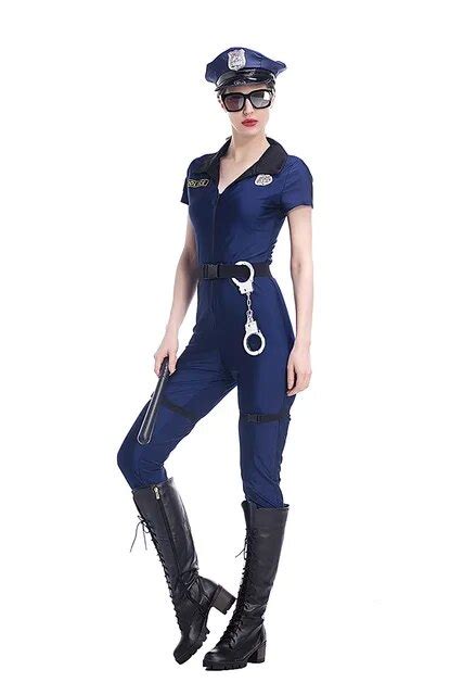 Adult Women Halloween Police Cops Catsuit Costume Sexy Blue Uniform