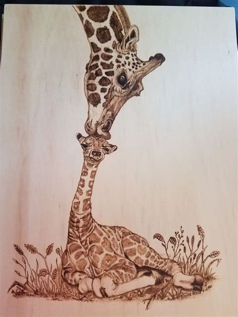 giraffe kisses   wood burning art giraffe art