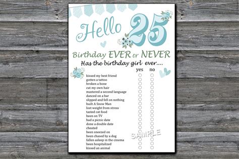 25th birthday birthday ever or never game adult birthday game instant