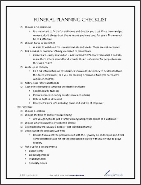 5 funeral planning checklist template sampletemplatess sampletemplatess