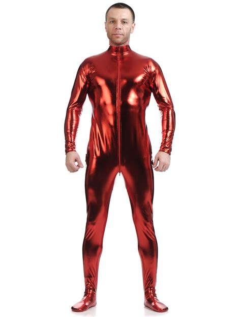 red shiny metallic cosplay zentai suit  men halloween milanoocom