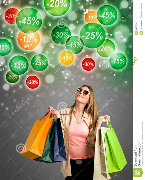shopping woman looking at discounts stock illustration