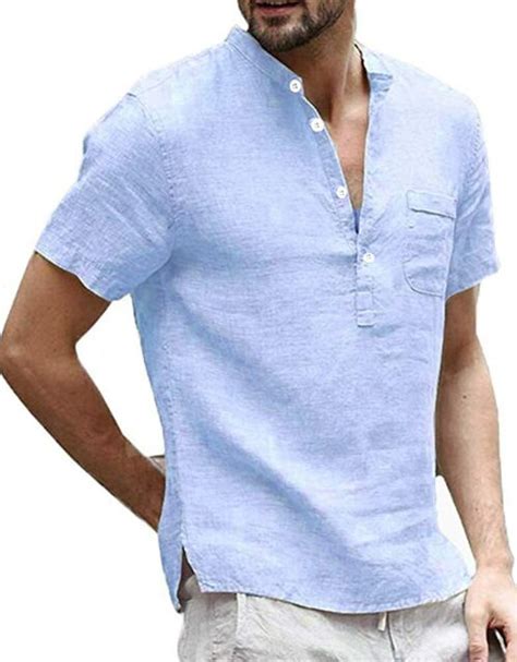 mens casual henley t shirts linen cotton short sleeve button up banded
