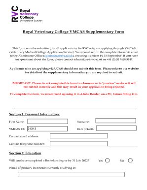 uk royal veterinary college vmcas supplementary form   fill  sign printable
