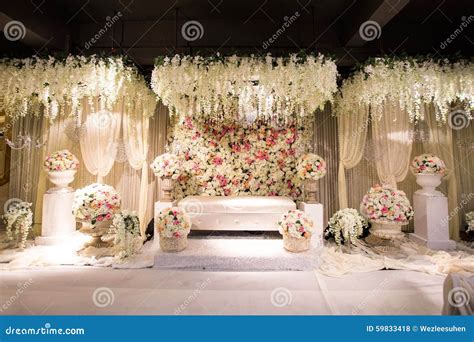 beautiful decorated english theme wedding altar stock