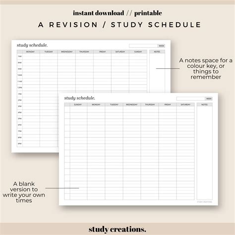 revision timetable printable set study schedule weekly timetable hourly
