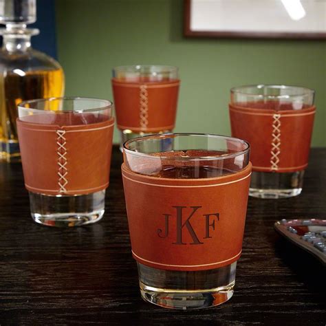 classic monogram whiskey glass with personalized leather wrap