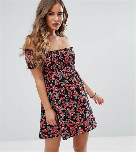 asos cotton off shoulder shirred mini sundress in cherry print lyst
