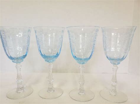 Fostoria Blue Navarre Water Set Of 4 Crystal Goblets 7 5 8 Euc Ebay