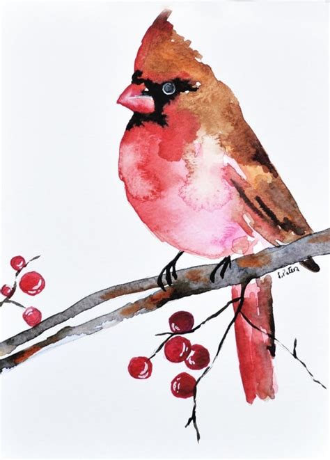 Original Watercolor Bird Painting Christmas Cardinal 6x8