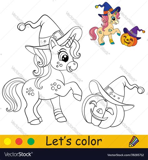 cute unicorn witch coloring book page halloween vector image