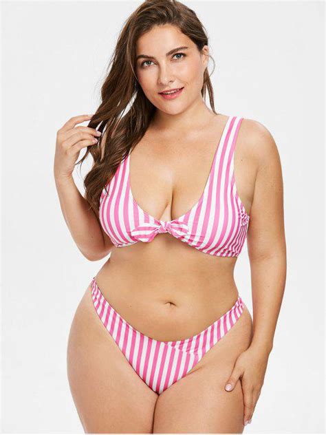 [21 Off] 2020 Plus Size Striped Tie Front Bikini Set In Hot Pink