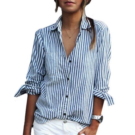 Autumn Fashion Tops Ladies Blue And White Lapel Vertical Striped Long