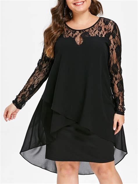 Плюс Размер Sheer Lace Sleeve High Low Hem Dress