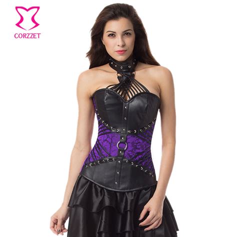 purple brocade black leather strappy halter top corsetto steampunk