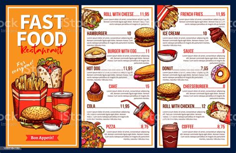 Fast Food Menu With Takeaway Lunch Meal And Drinks Stock