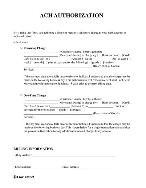 printable blank ach authorization form template