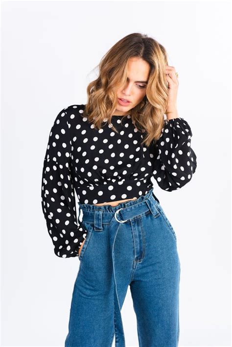 long sleeve polka dot tie  top crop top outfits tops fashion