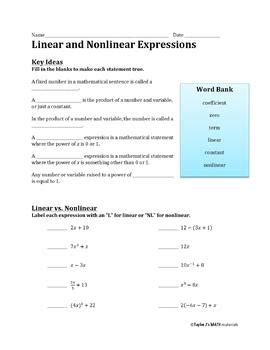 linear  nonlinear expressions worksheet  taylor js math materials