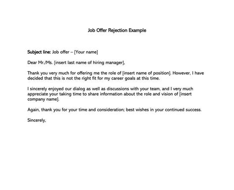 refusing job offer letter  letter template collection