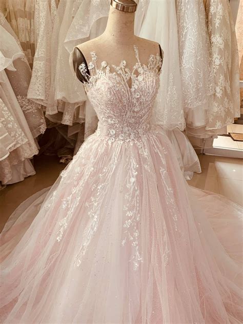 Pastel Light Pink Sleeveless Lace Applique Ball Gown Wedding Dress With