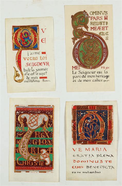 Four Illuminated Neo Gothic Cards On Vellum Paper For A Book Of Hours