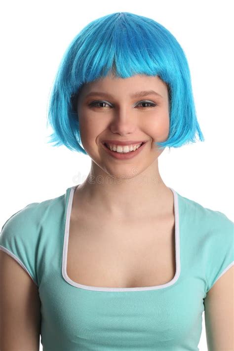 Girl With Blue Hair Looking Into The Camera Close Up White Background