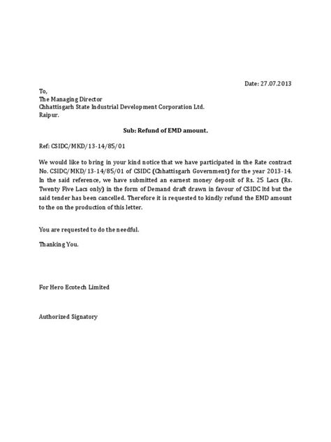 deposit refund request letter sample