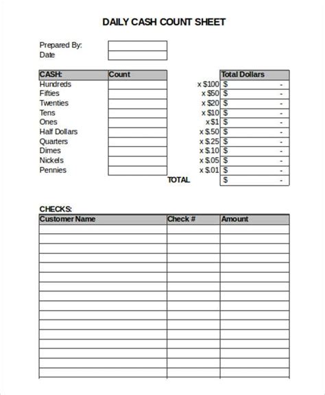 printable cash count sheet excel printable word searches