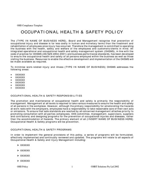 Oh S Policy Template Pdf Occupational Safety And Health Safety