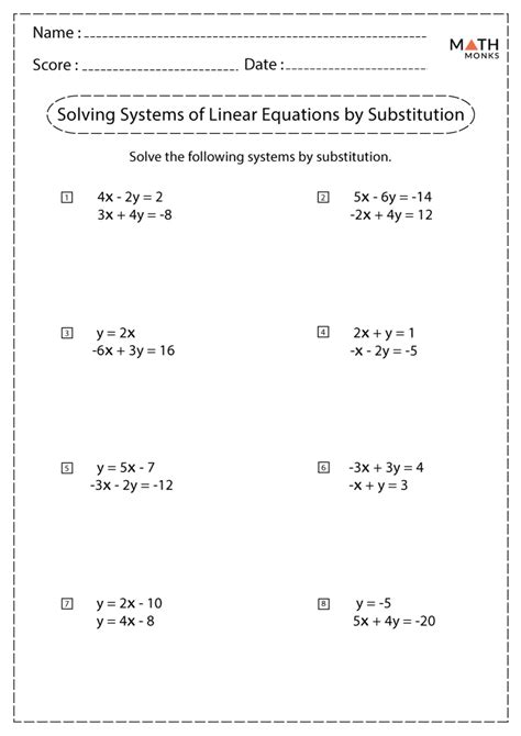solving systems  equations  substitution worksheets math monks