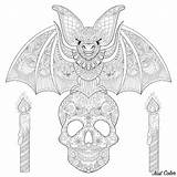 Bat Skull Coloring Halloween Pages Adult Mandala Sitting Printable Adults Print Skeleton Candles Designs Patterns Template sketch template