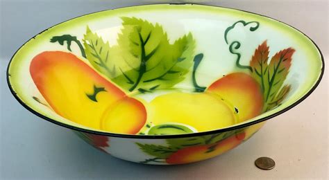 lot vintage  enamelware large painted bowl  colorful fruit design