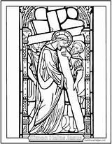 Coloring Cross Stained Glass Stations Pages Jesus Catholic Printable Carrying Adult Drawings Book Holy Simon Mysteries Rosary Kids Lent Color sketch template