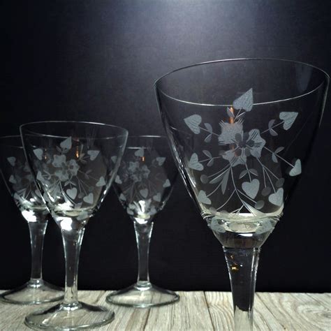 vintage etched wine glasses 4 floral heart leaf etched blown glass